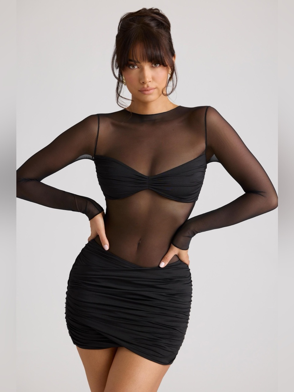 Oh Polly Essie Sheer Panelled Long Sleeve Mini Dress in Black